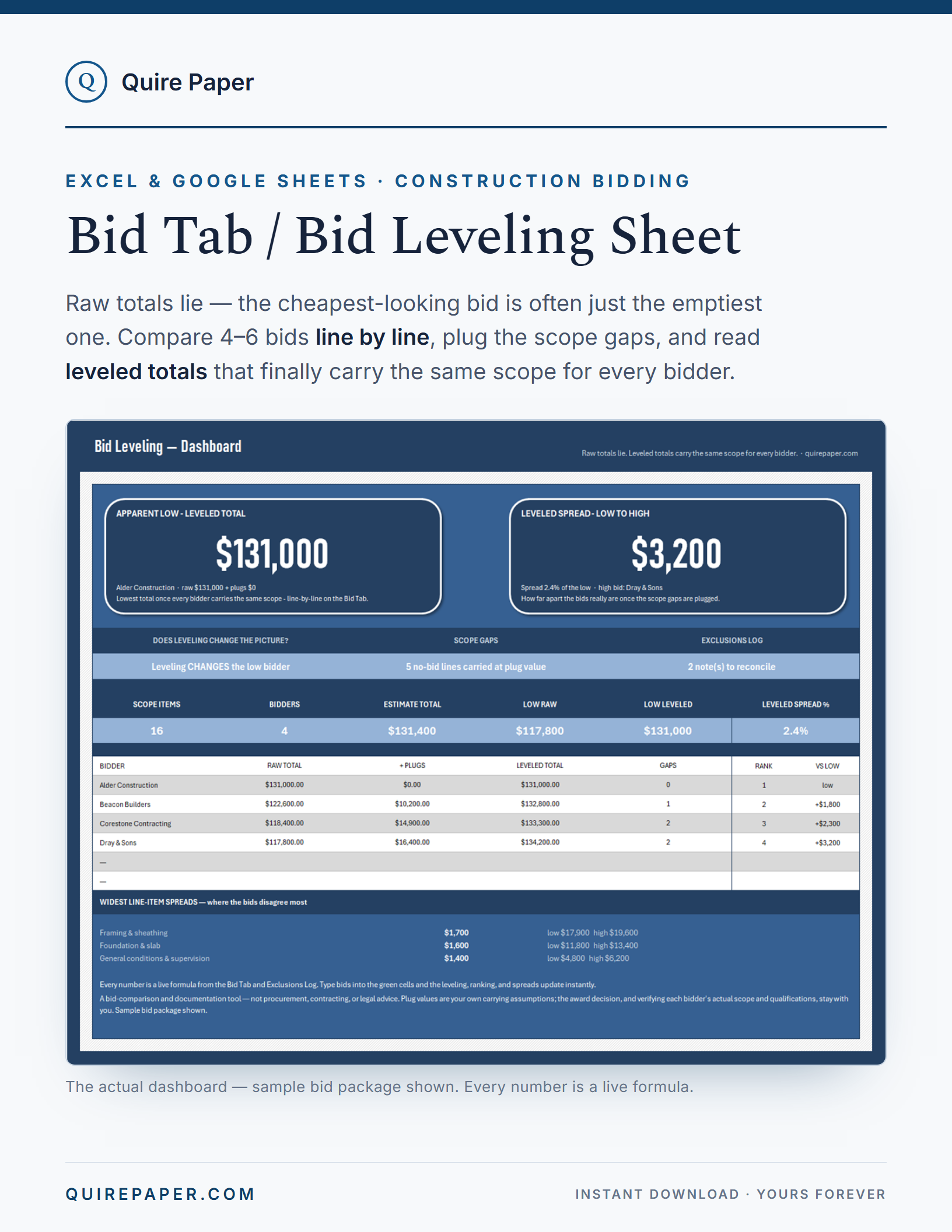 Bid Tab / Bid Leveling Sheet cover