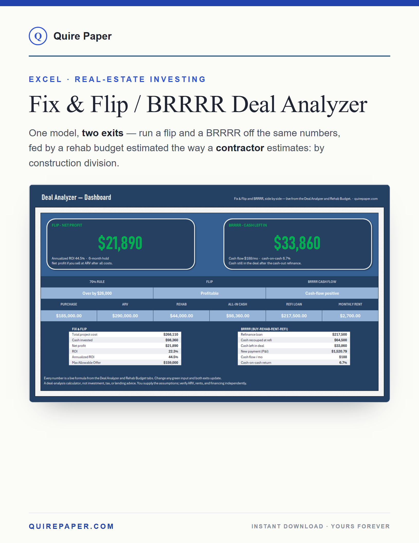 Fix & Flip / BRRRR Deal Analyzer + Rehab Budget cover