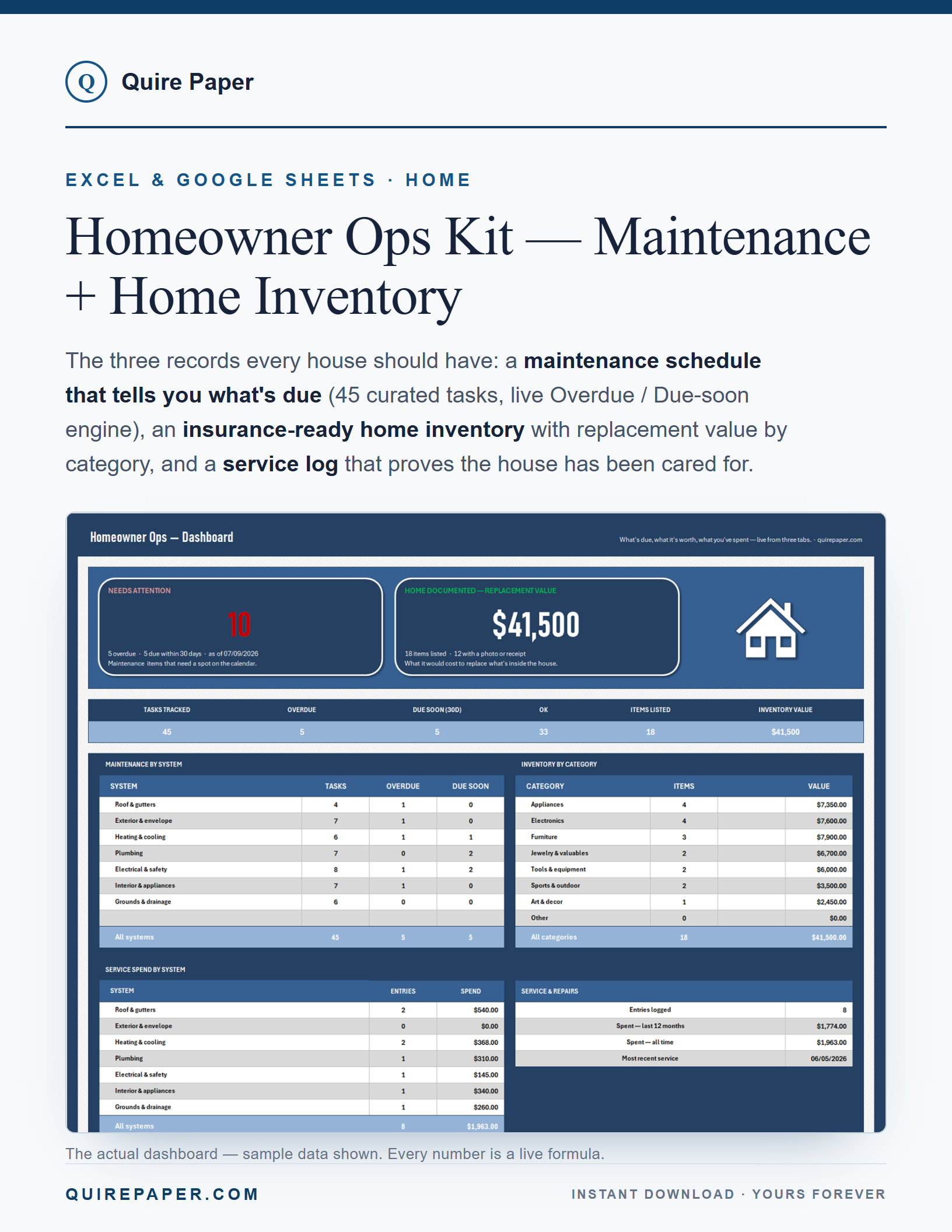 Homeowner Ops Kit — Maintenance Schedule + Home Inventory cover