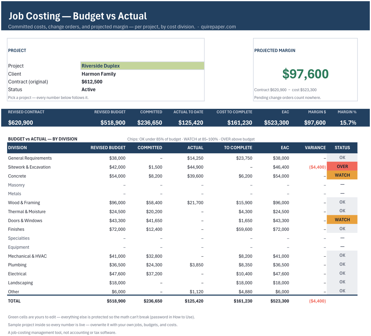 Job Costing Tracker — the file