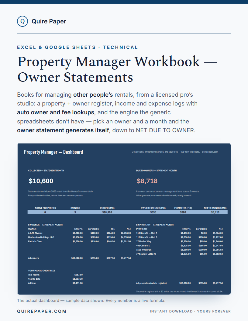 Property Manager Workbook — Owner Statements + Multi-Property Books cover